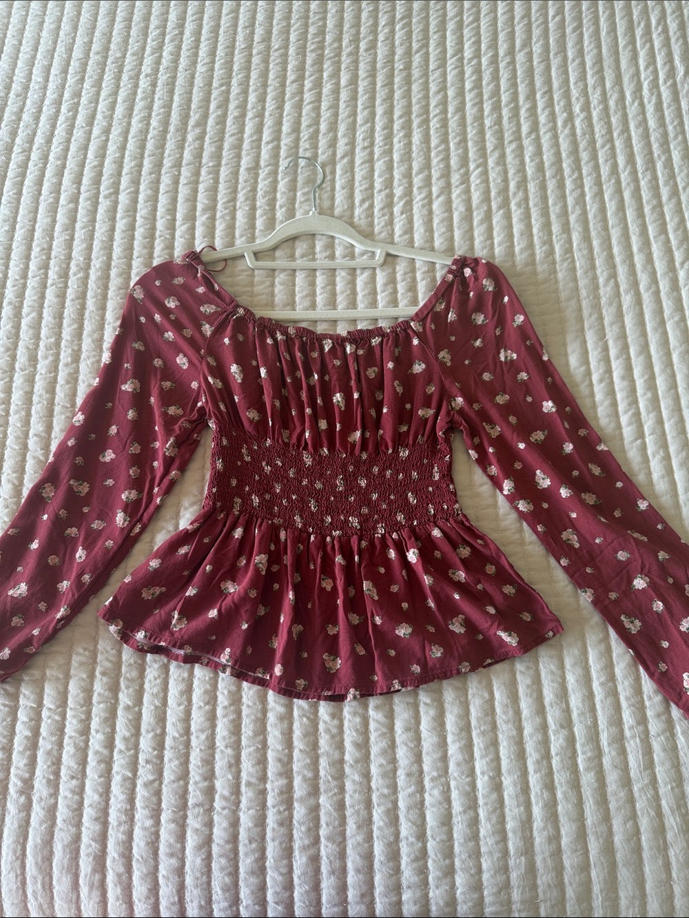 Women’s Smocked Peplum Long-Sleeve Top - Burgundy Floral